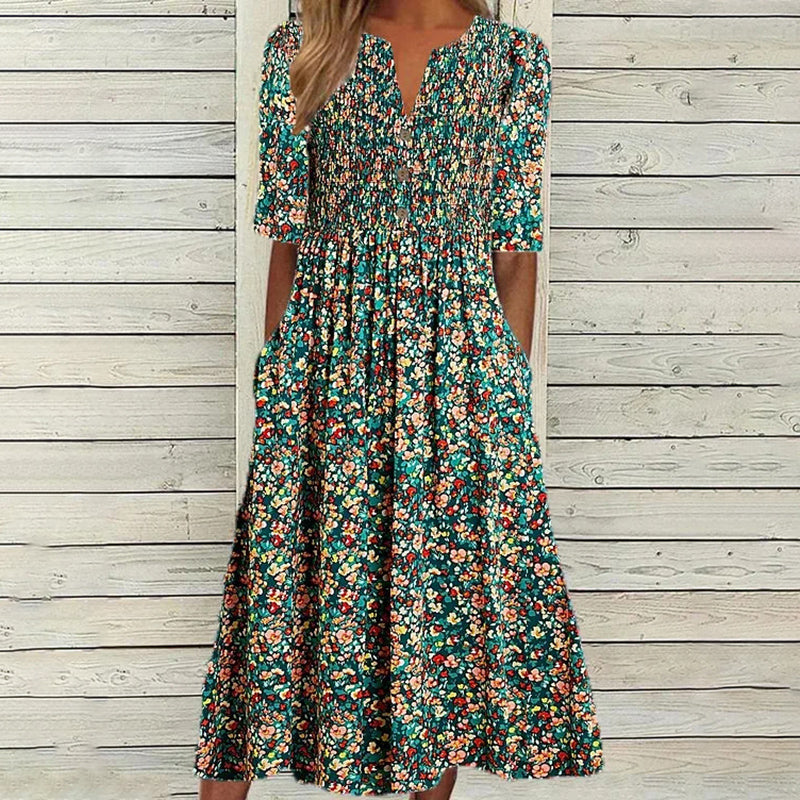 Flora-Shirred Waist Midi Dress