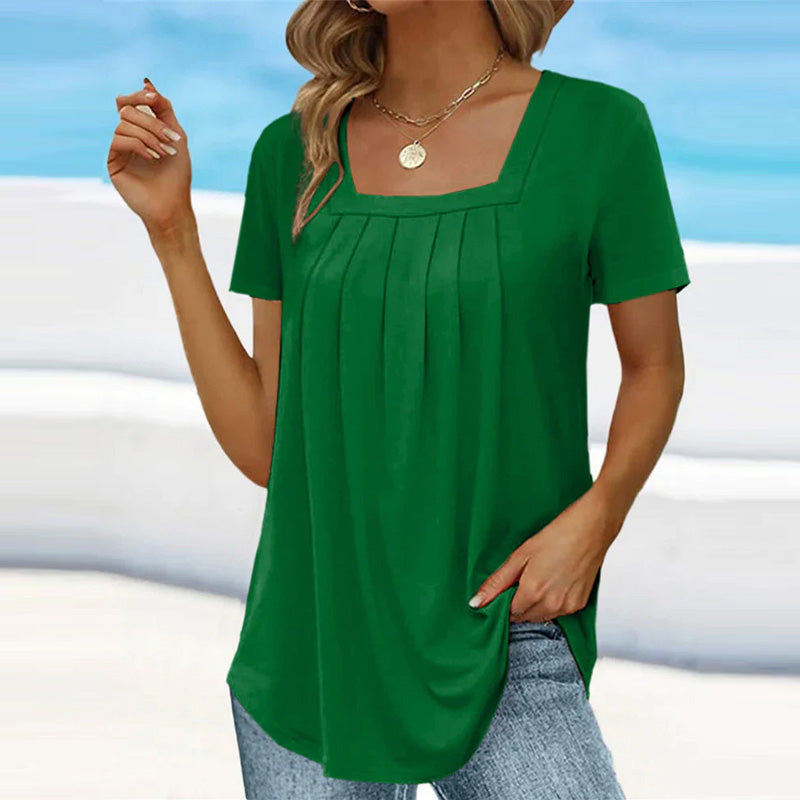 Elena-Pleated Square Neck Tee