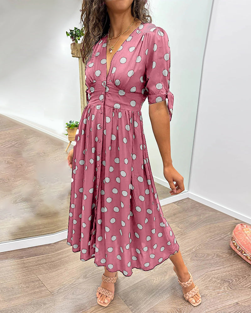 Clara - Polka Dot Tie Sleeve Midi Dress