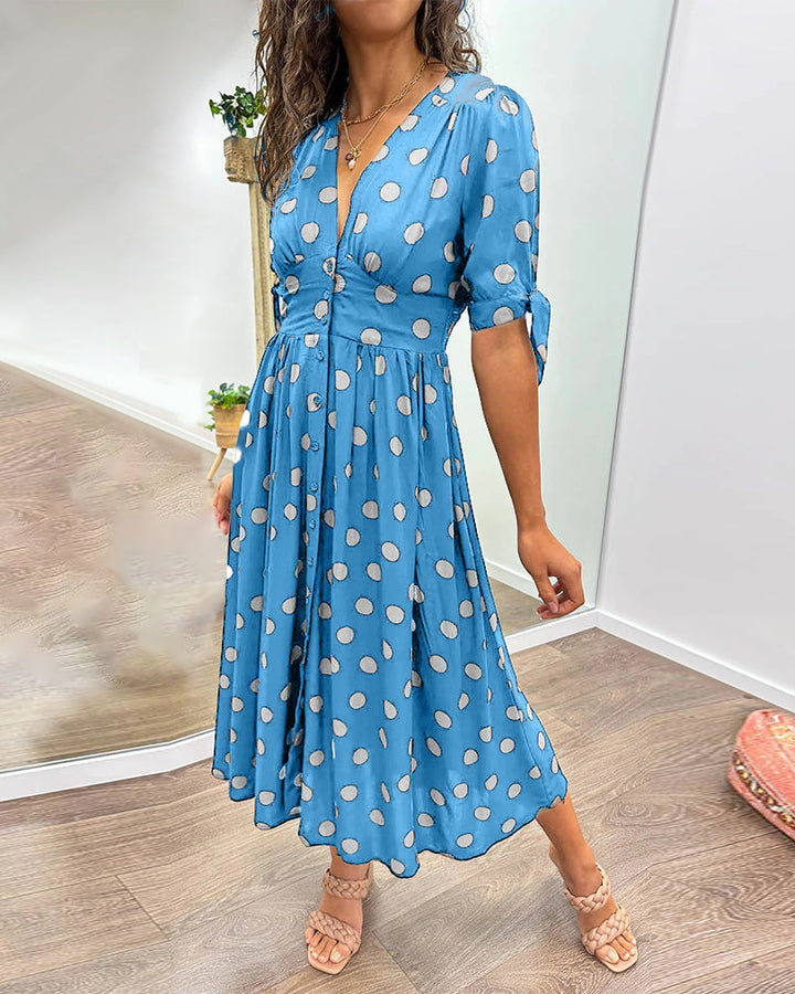 Clara - Polka Dot Tie Sleeve Midi Dress