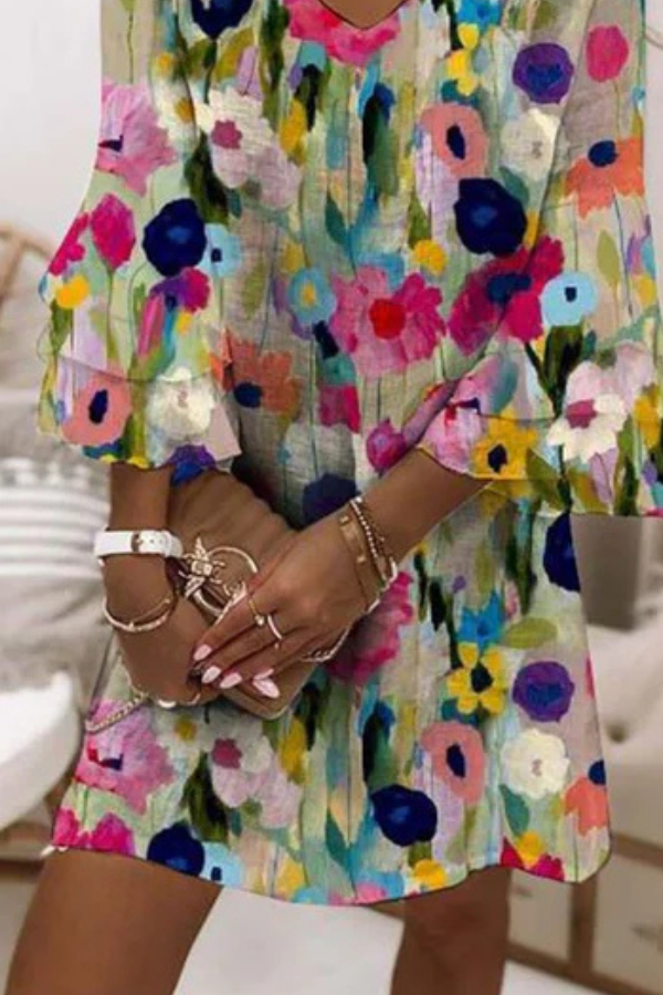 BloomAura - V-Neck Floral Dress