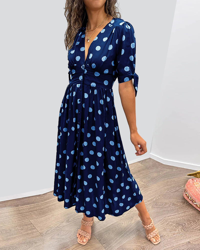 Clara - Polka Dot Tie Sleeve Midi Dress