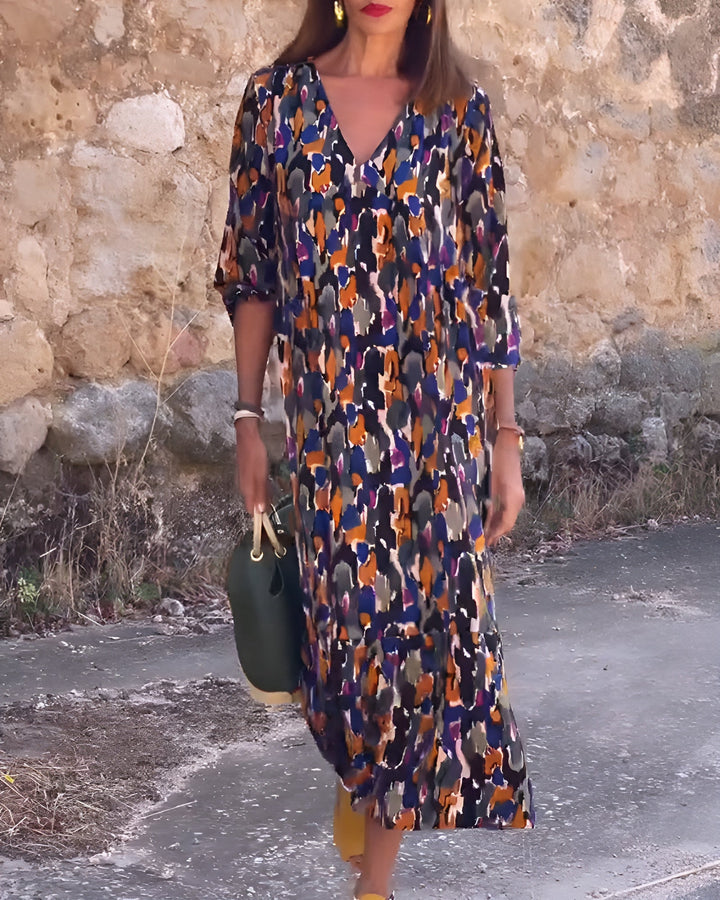 Mirielle-Abstract Print V-Neck Dress
