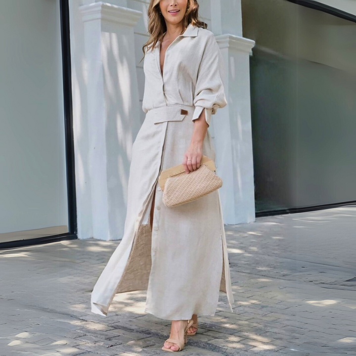 Veronica – Belted Collared Maxi Shirt Dress