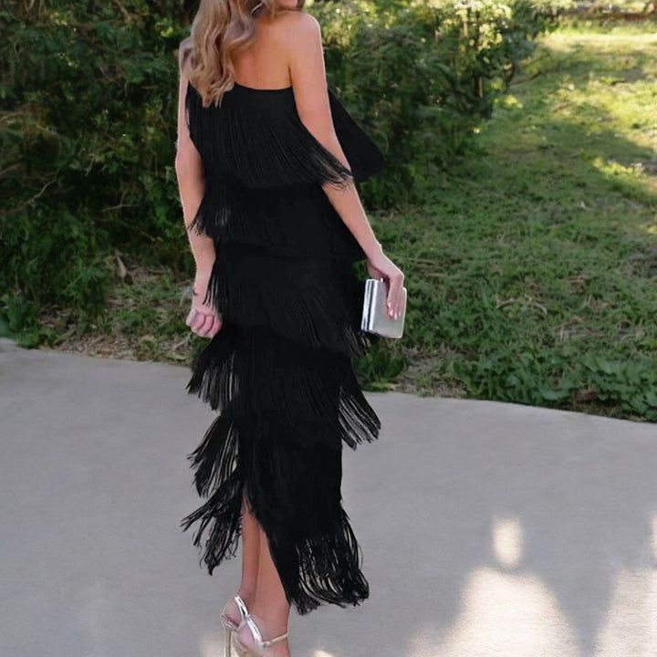 Ava – Asymmetric Fringe Maxi Dress