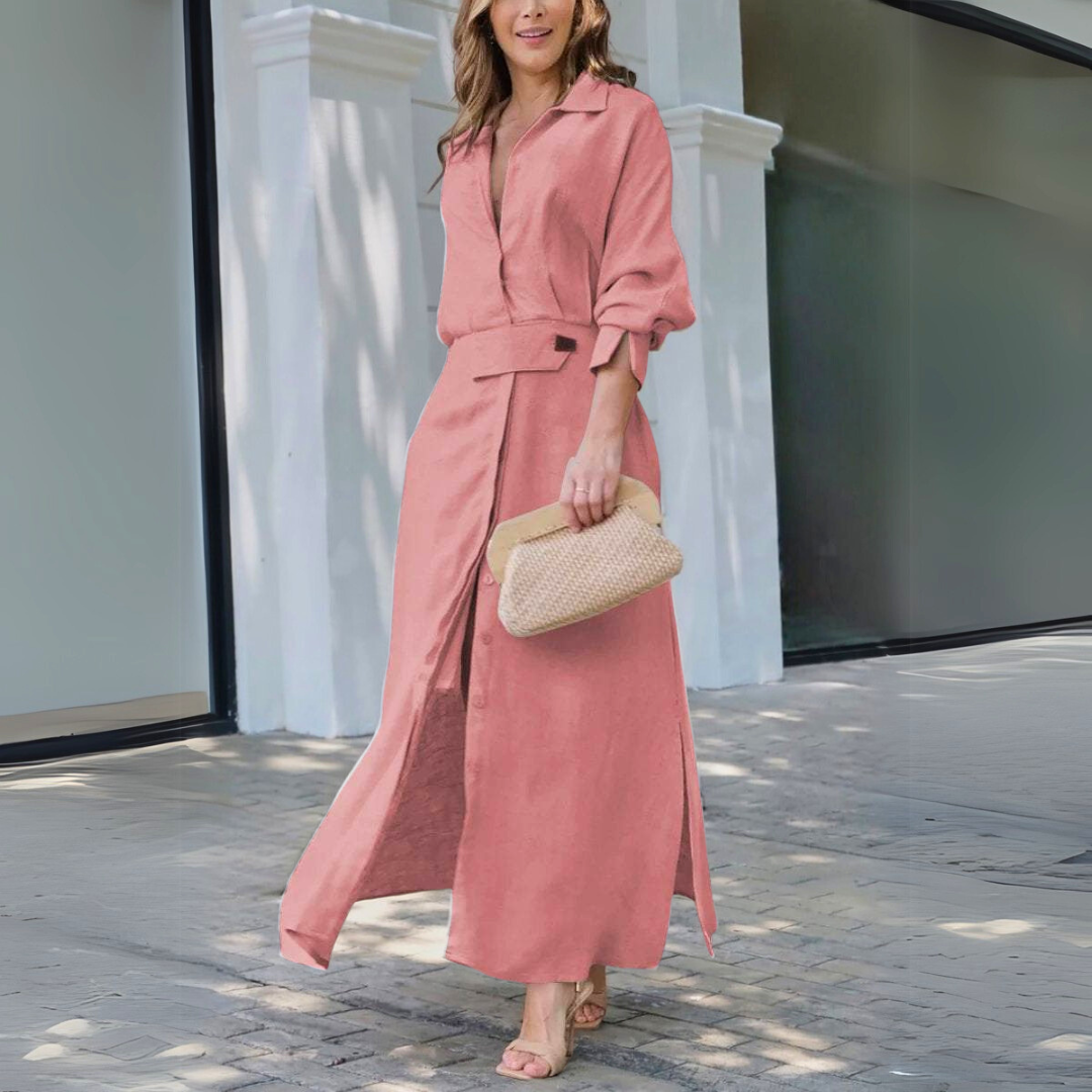 Veronica – Belted Collared Maxi Shirt Dress