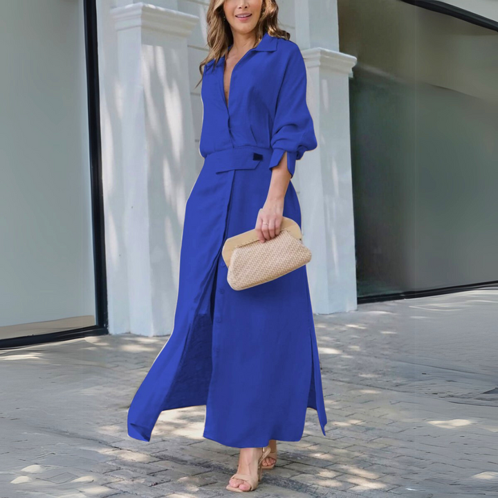 Veronica – Belted Collared Maxi Shirt Dress