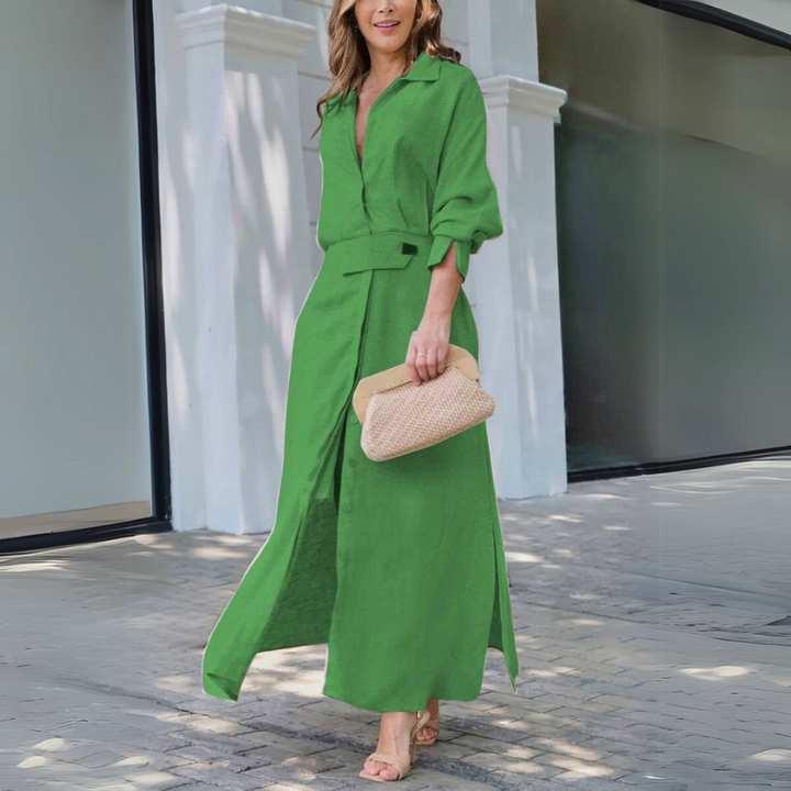 Veronica – Belted Collared Maxi Shirt Dress