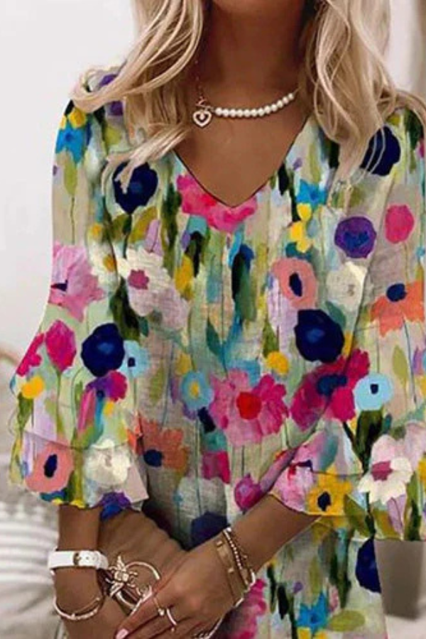 BloomAura - V-Neck Floral Dress