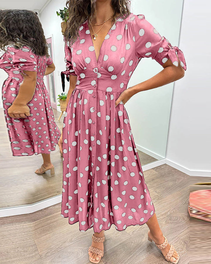 Clara - Polka Dot Tie Sleeve Midi Dress