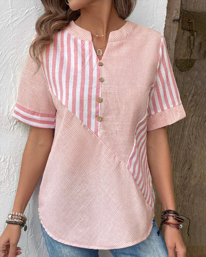 Jenny-Linen-Cotton Striped Summer Button Top