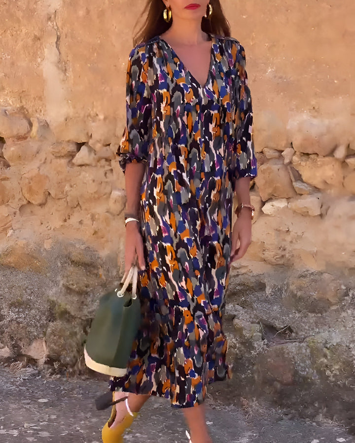 Mirielle-Abstract Print V-Neck Dress