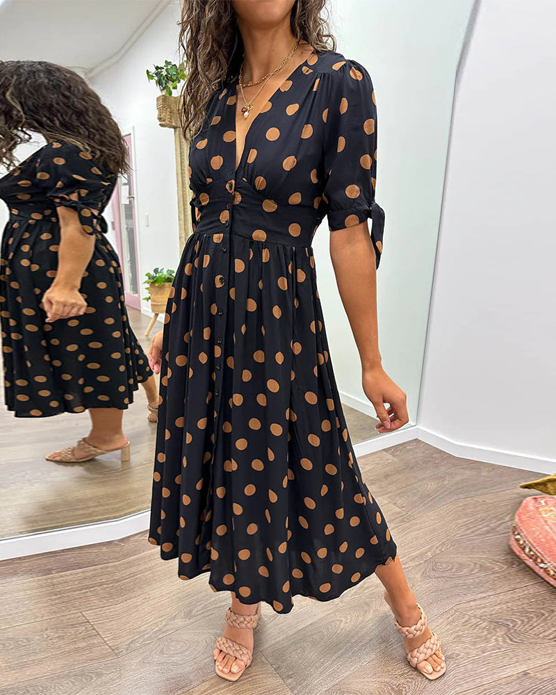 Clara - Polka Dot Tie Sleeve Midi Dress