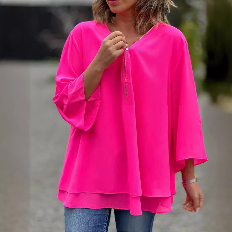 Sabrina-Zip-Front Chiffon Blouse