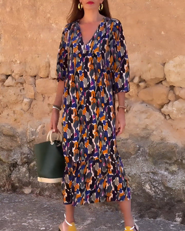 Mirielle-Abstract Print V-Neck Dress