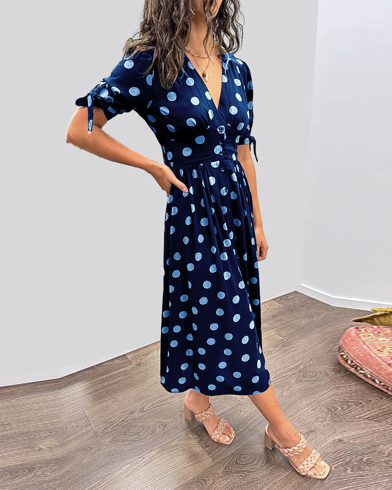 Clara - Polka Dot Tie Sleeve Midi Dress