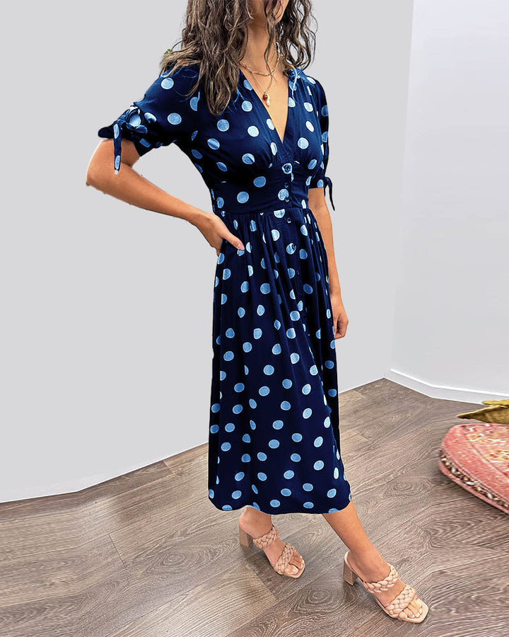 Clara - Polka Dot Tie Sleeve Midi Dress