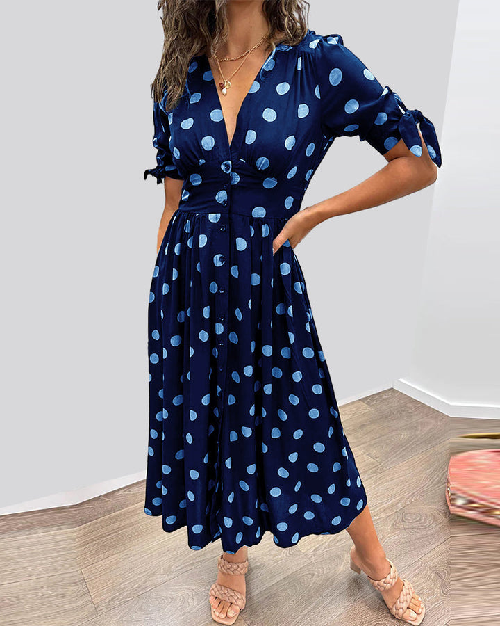 Clara - Polka Dot Tie Sleeve Midi Dress