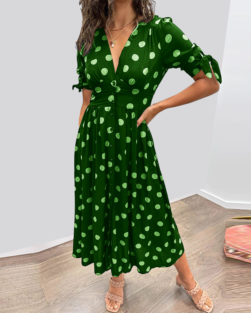Clara - Polka Dot Tie Sleeve Midi Dress