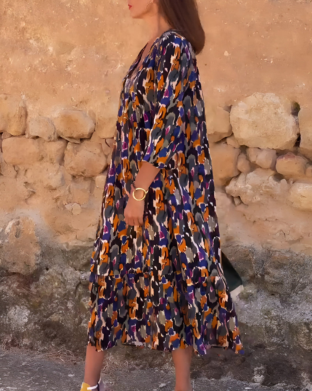 Mirielle-Abstract Print V-Neck Dress