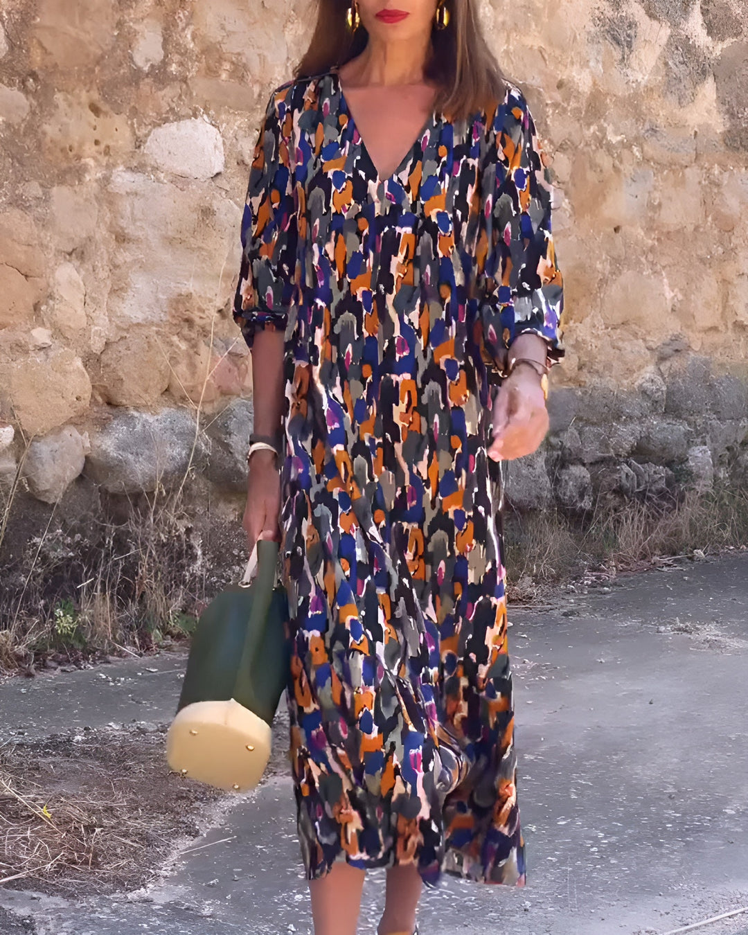 Mirielle-Abstract Print V-Neck Dress
