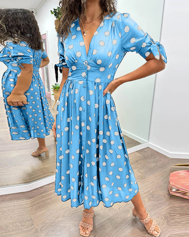 Clara - Polka Dot Tie Sleeve Midi Dress