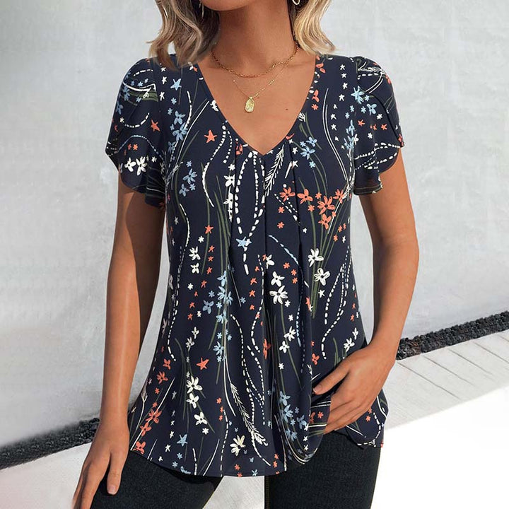 Beatrice - Flutter Sleeve Printed V-Neck Top