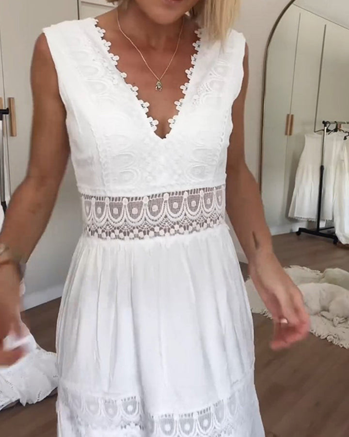 Celeste-White Boho Lace Maxi Dress