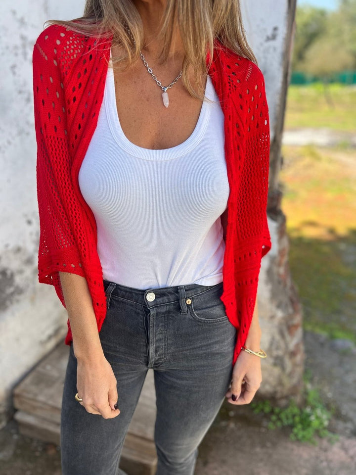 Lina-Open-Knit Cropped Cardigan