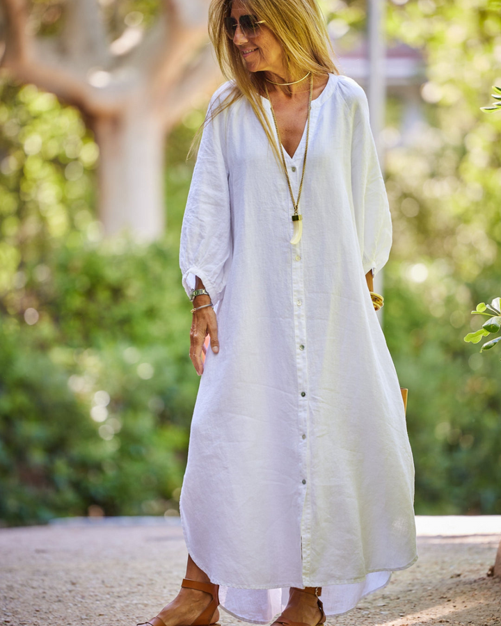 Isla-Button-Front Linen Midi Dress