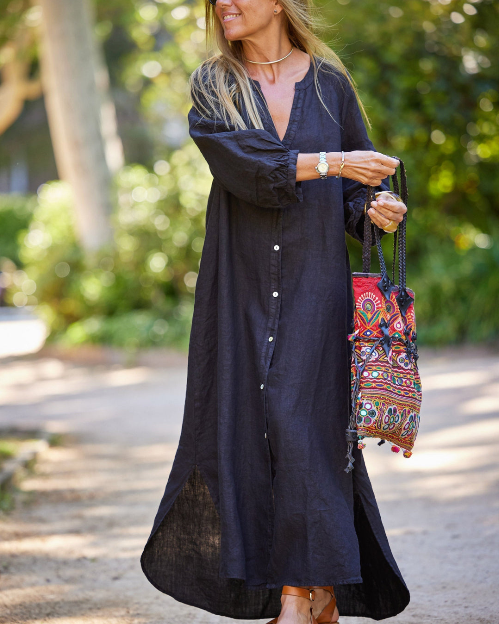 Isla-Button-Front Linen Midi Dress