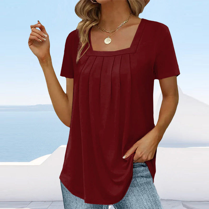 Elena-Pleated Square Neck Tee