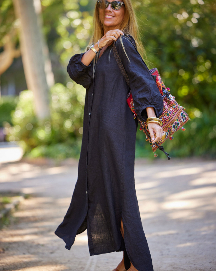 Isla-Button-Front Linen Midi Dress