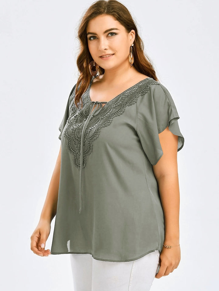 Riesse - Lace Trim Flutter Sleeve Blouse