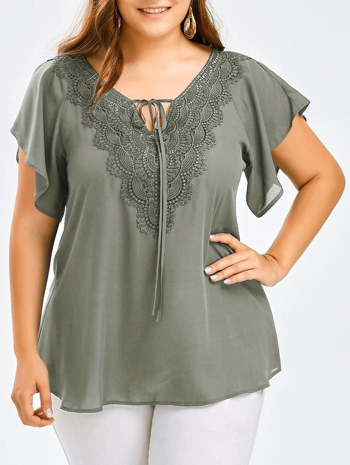 Riesse - Lace Trim Flutter Sleeve Blouse