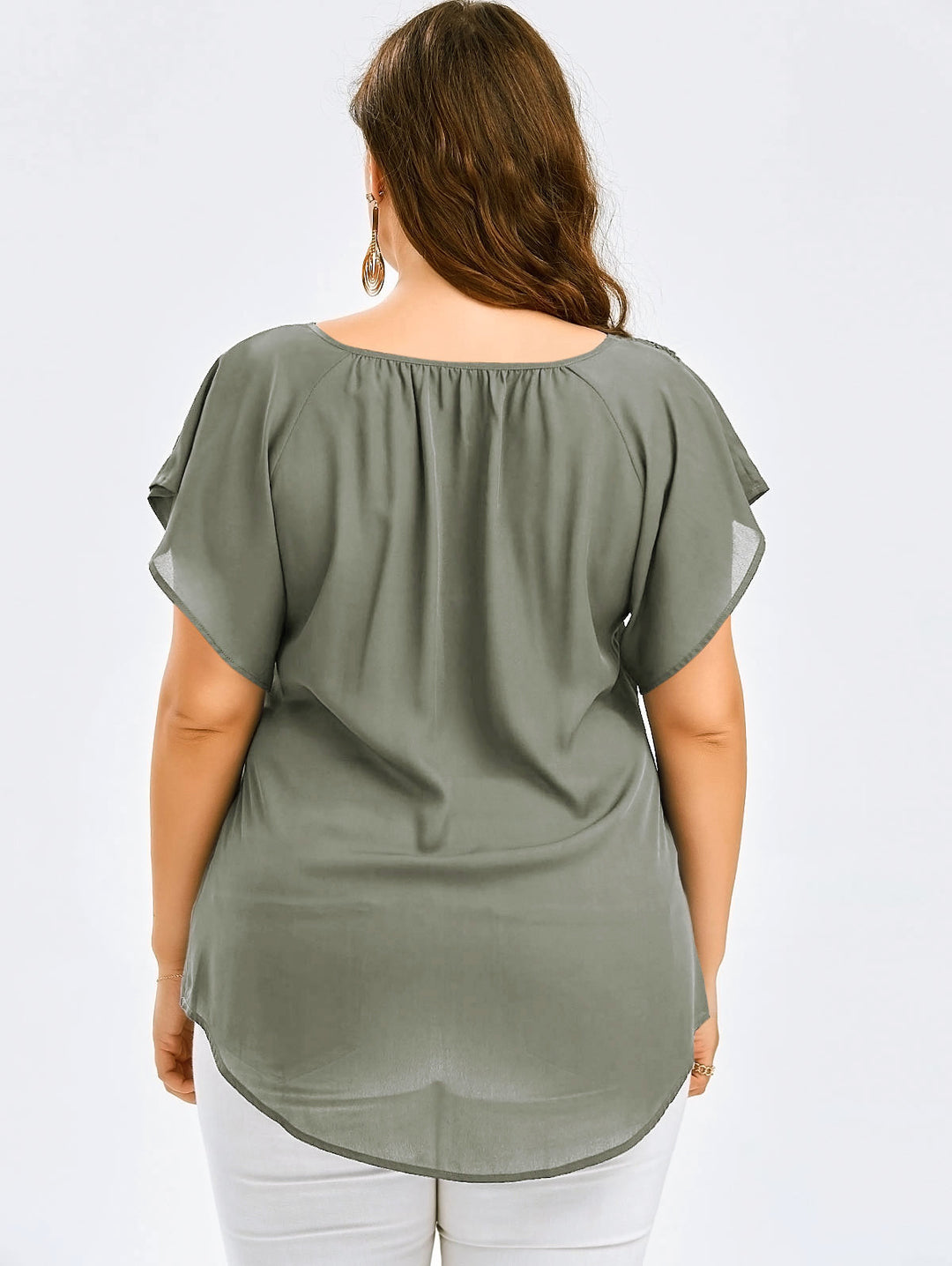 Riesse - Lace Trim Flutter Sleeve Blouse