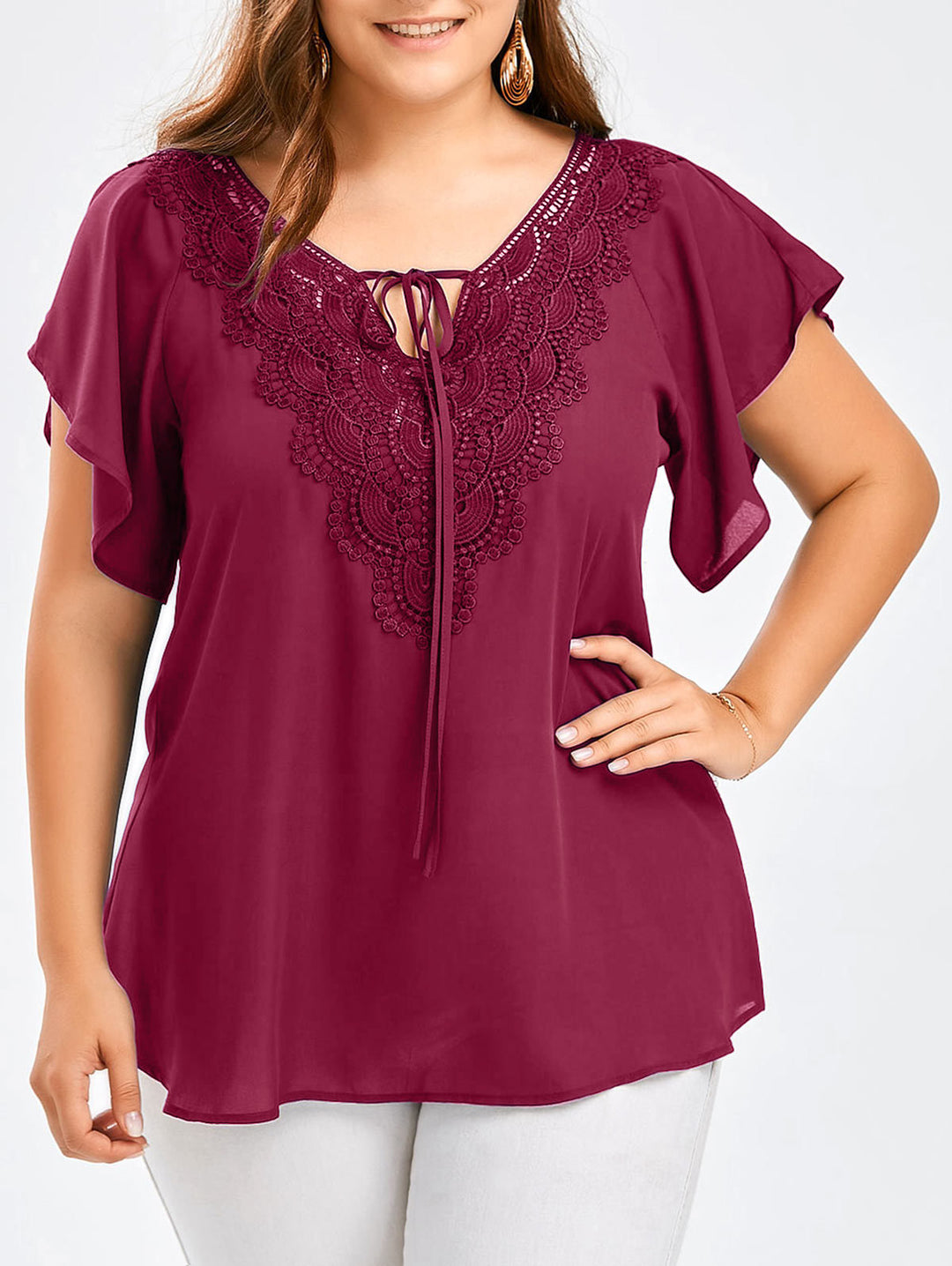 Riesse - Lace Trim Flutter Sleeve Blouse