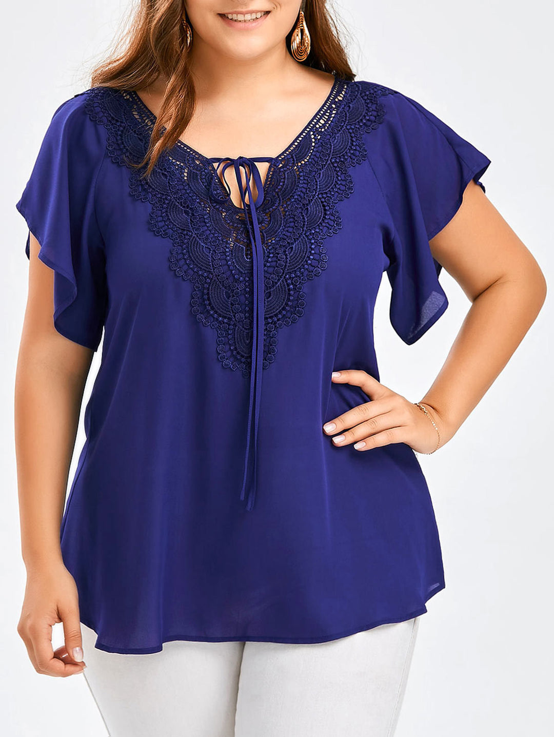 Riesse - Lace Trim Flutter Sleeve Blouse