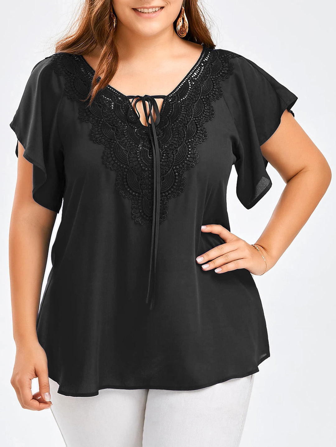Riesse - Lace Trim Flutter Sleeve Blouse
