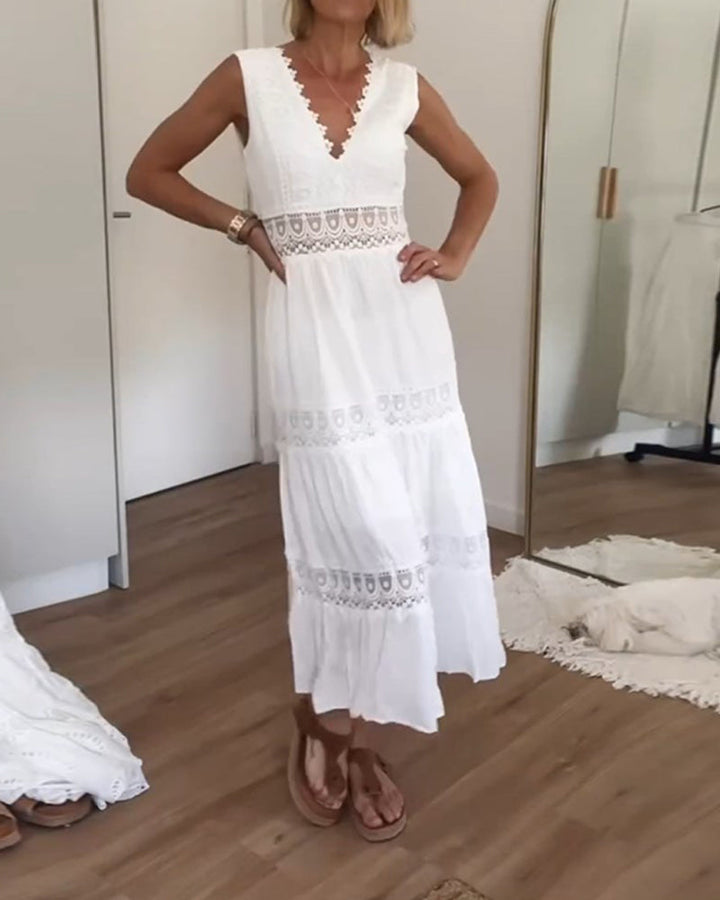 Celeste-White Boho Lace Maxi Dress