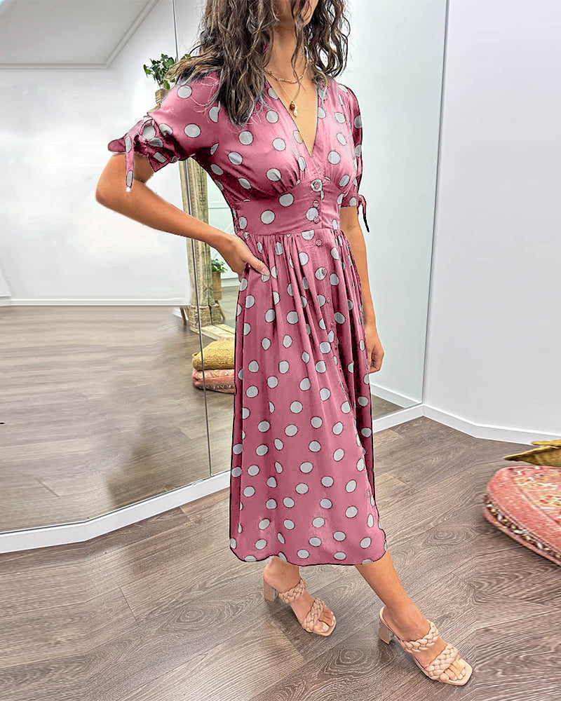 Clara - Polka Dot Tie Sleeve Midi Dress