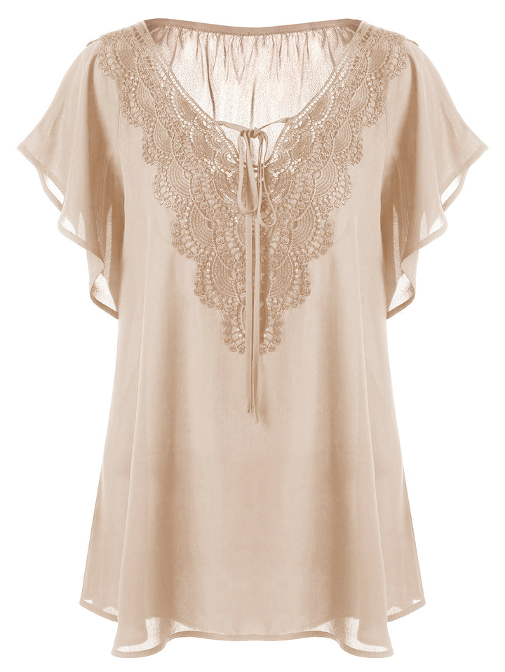 Riesse - Lace Trim Flutter Sleeve Blouse
