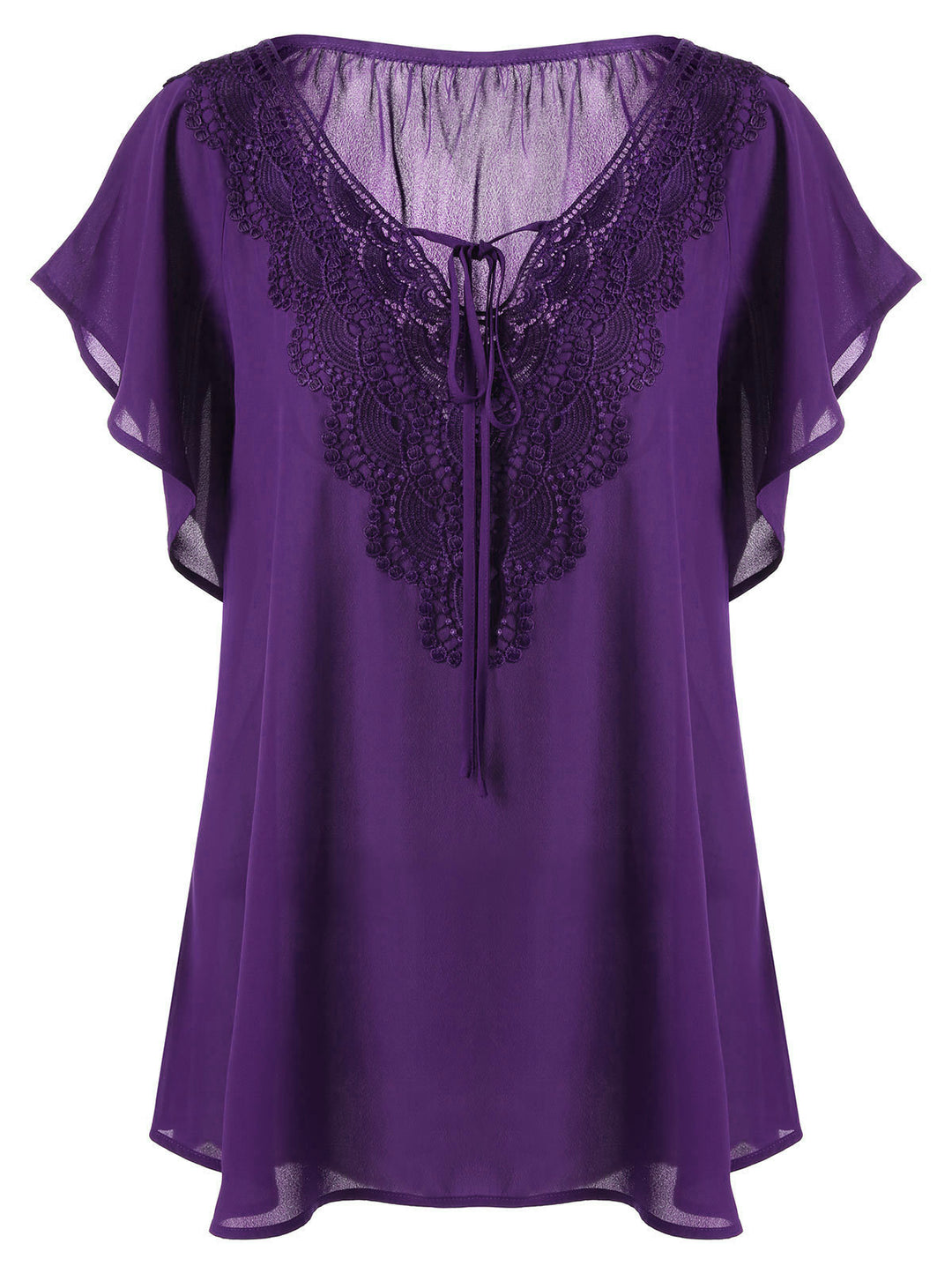 Riesse - Lace Trim Flutter Sleeve Blouse