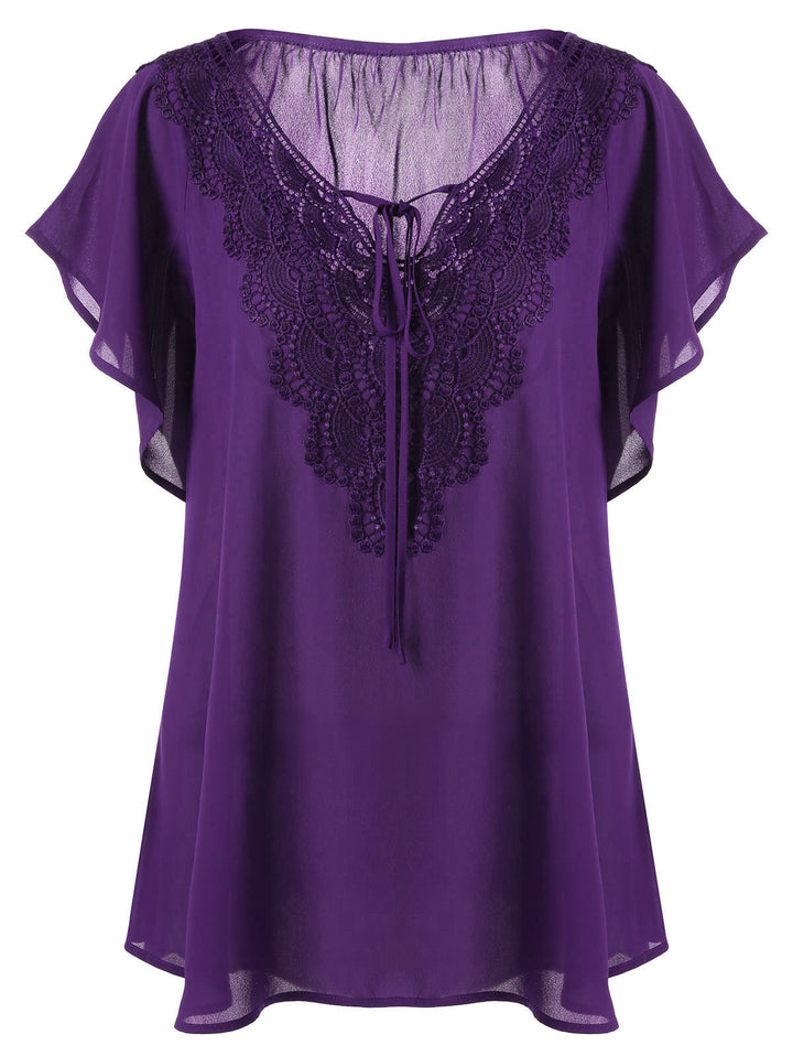 Riesse - Lace Trim Flutter Sleeve Blouse