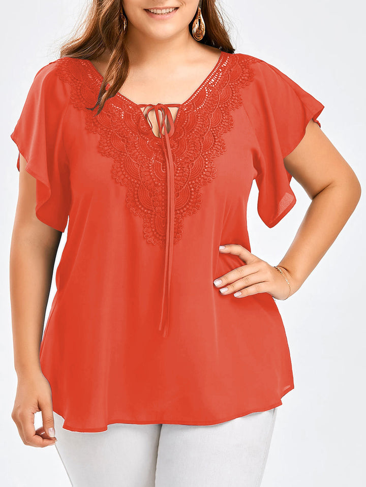 Riesse - Lace Trim Flutter Sleeve Blouse