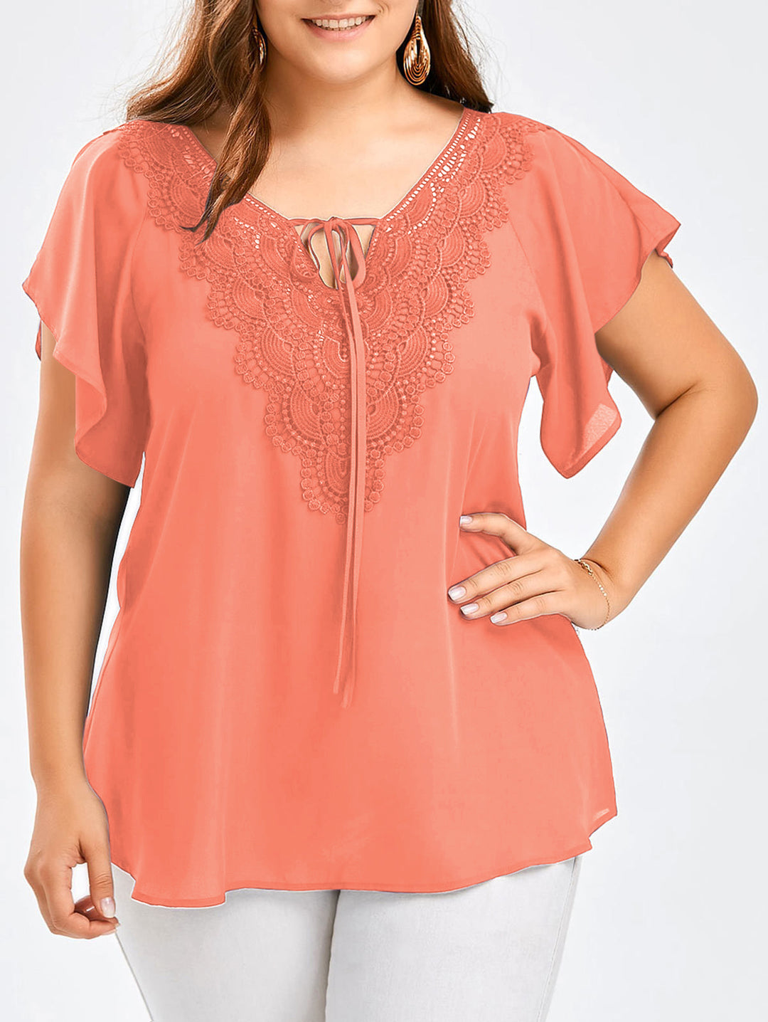 Riesse - Lace Trim Flutter Sleeve Blouse
