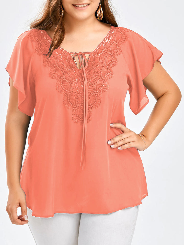 Riesse - Lace Trim Flutter Sleeve Blouse