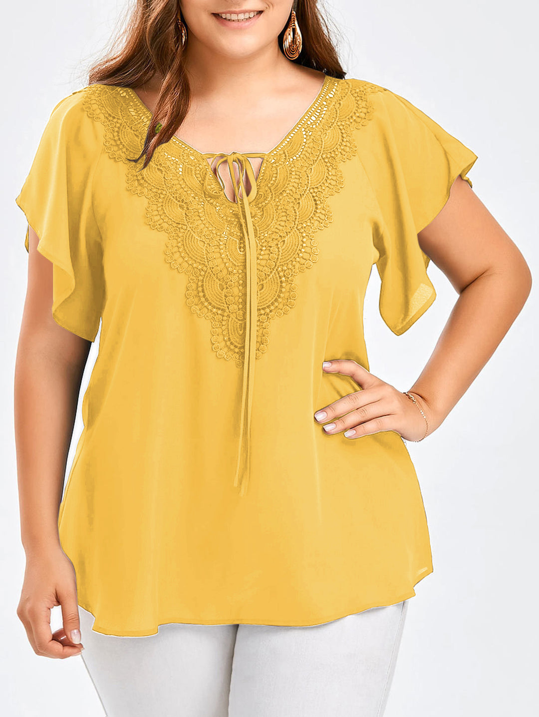 Riesse - Lace Trim Flutter Sleeve Blouse
