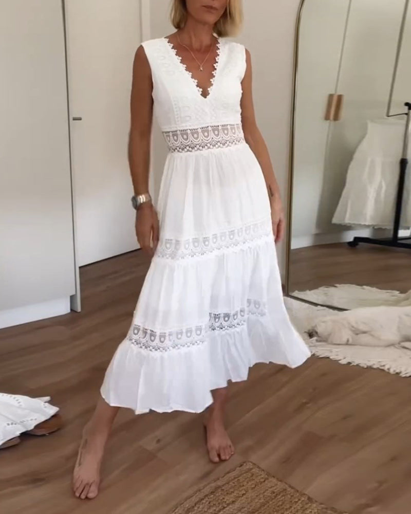 Celeste-White Boho Lace Maxi Dress