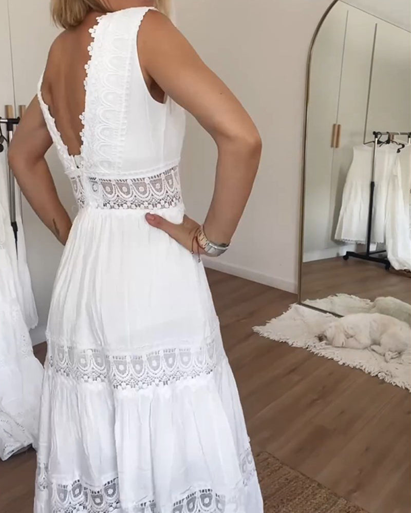 Celeste-White Boho Lace Maxi Dress